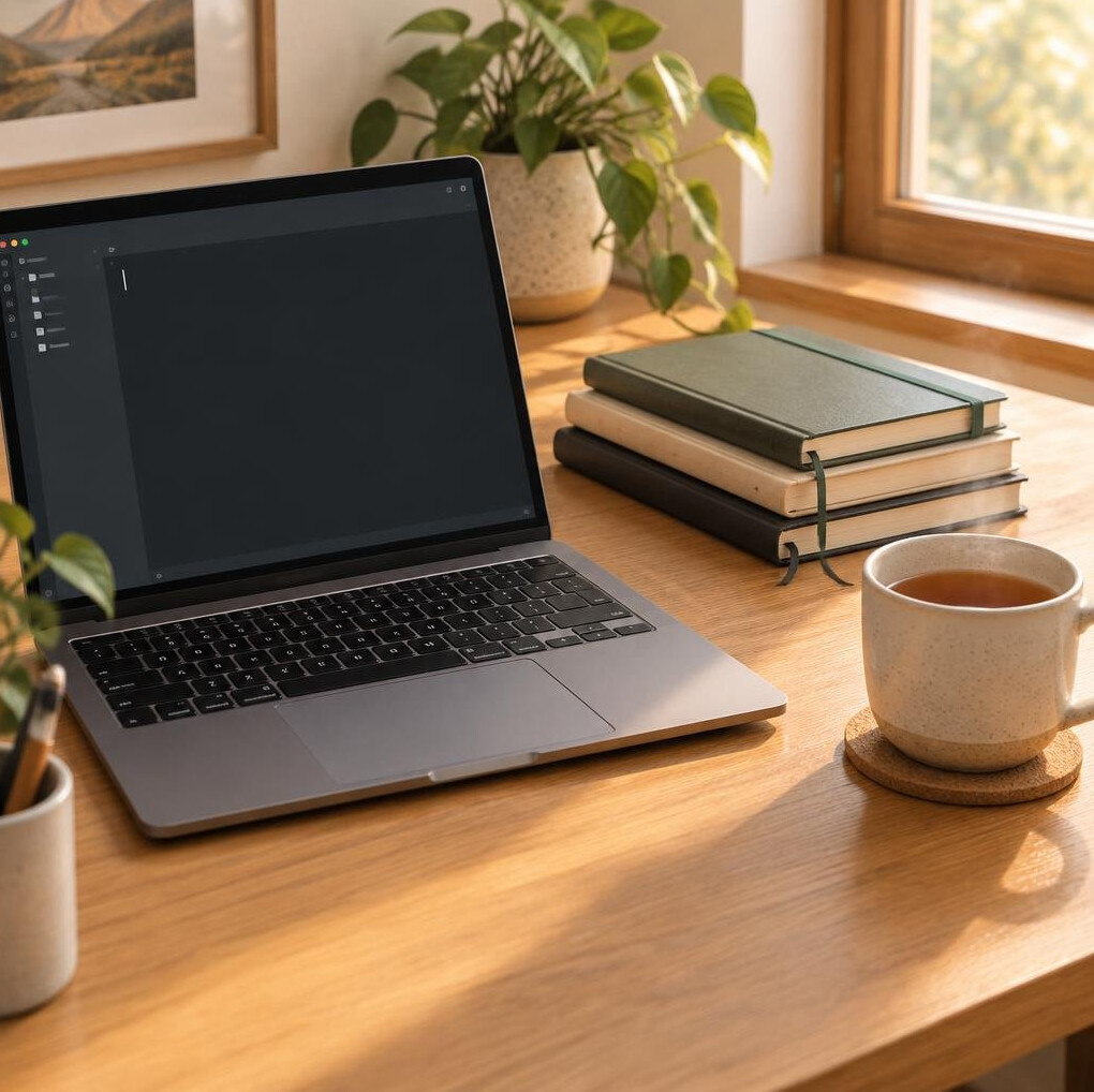 Laptop and notebook on a work desk