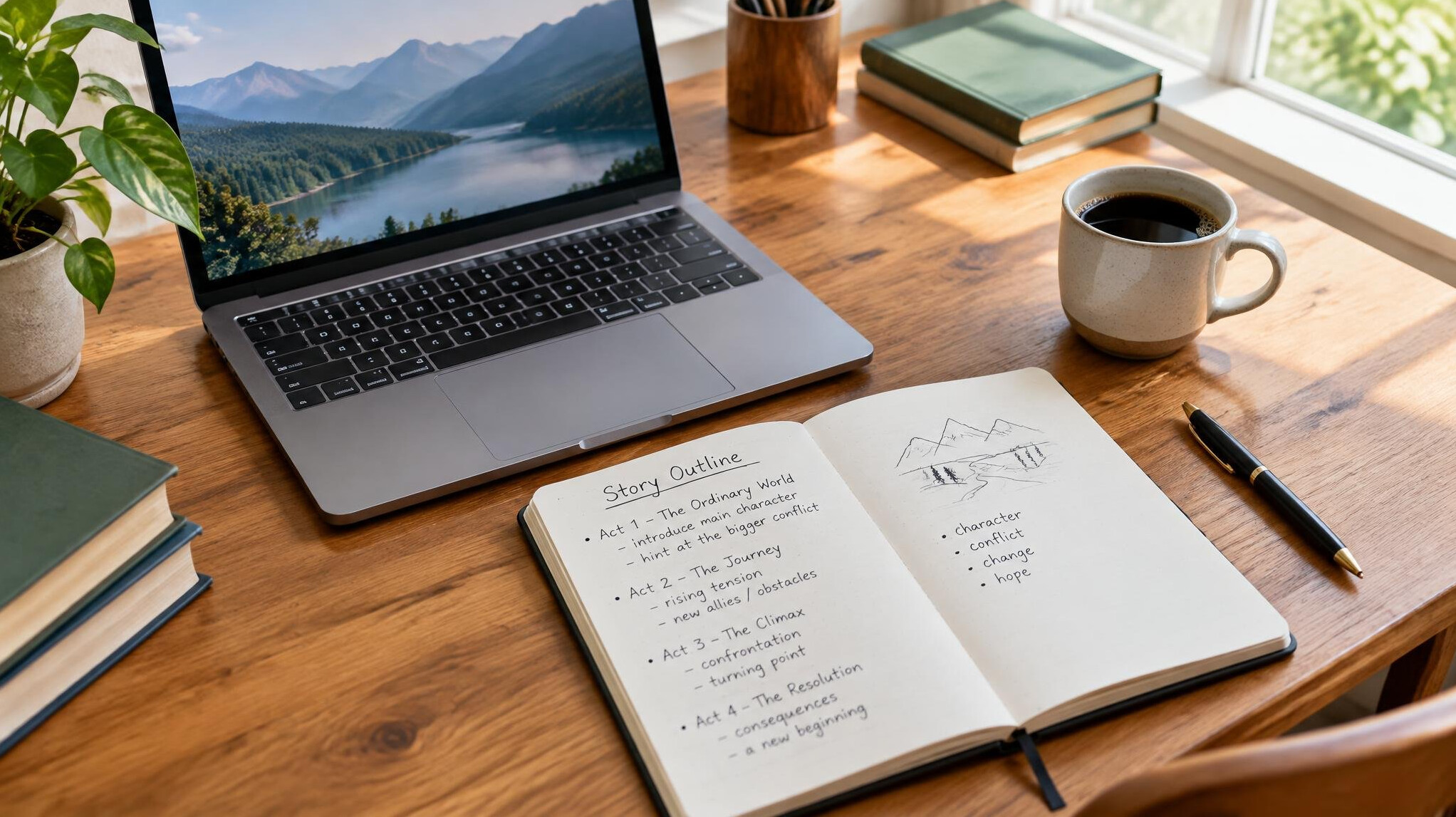 Editor writing an article on a laptop at a wooden desk with notebook and coffee