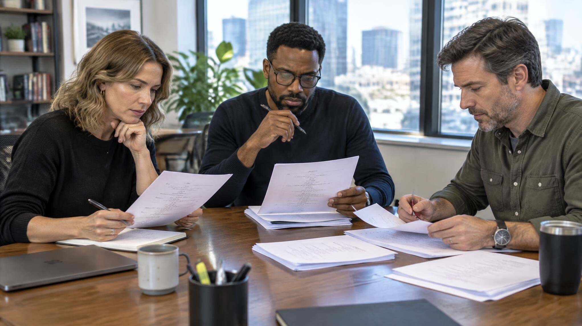 Colleagues reviewing a script together at a table