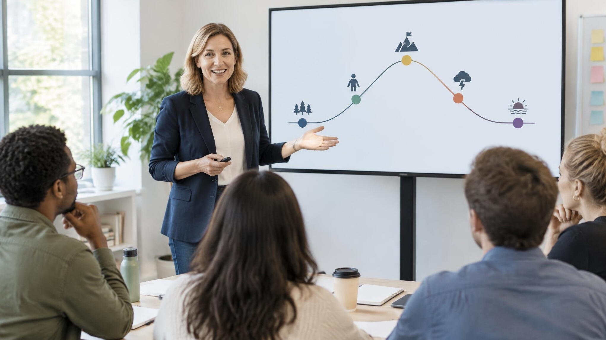 Presenter explaining a story structure on a whiteboard