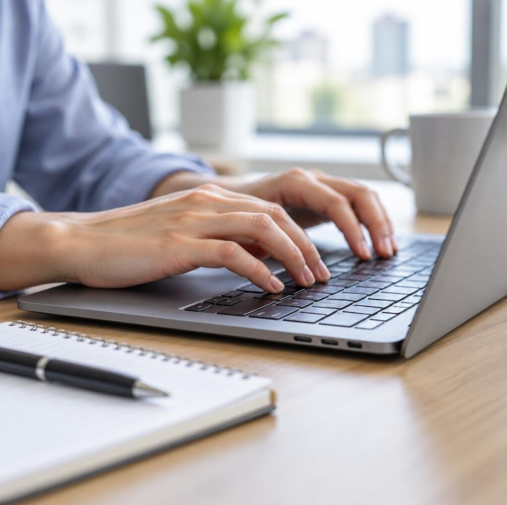 Hands typing on a laptop keyboard