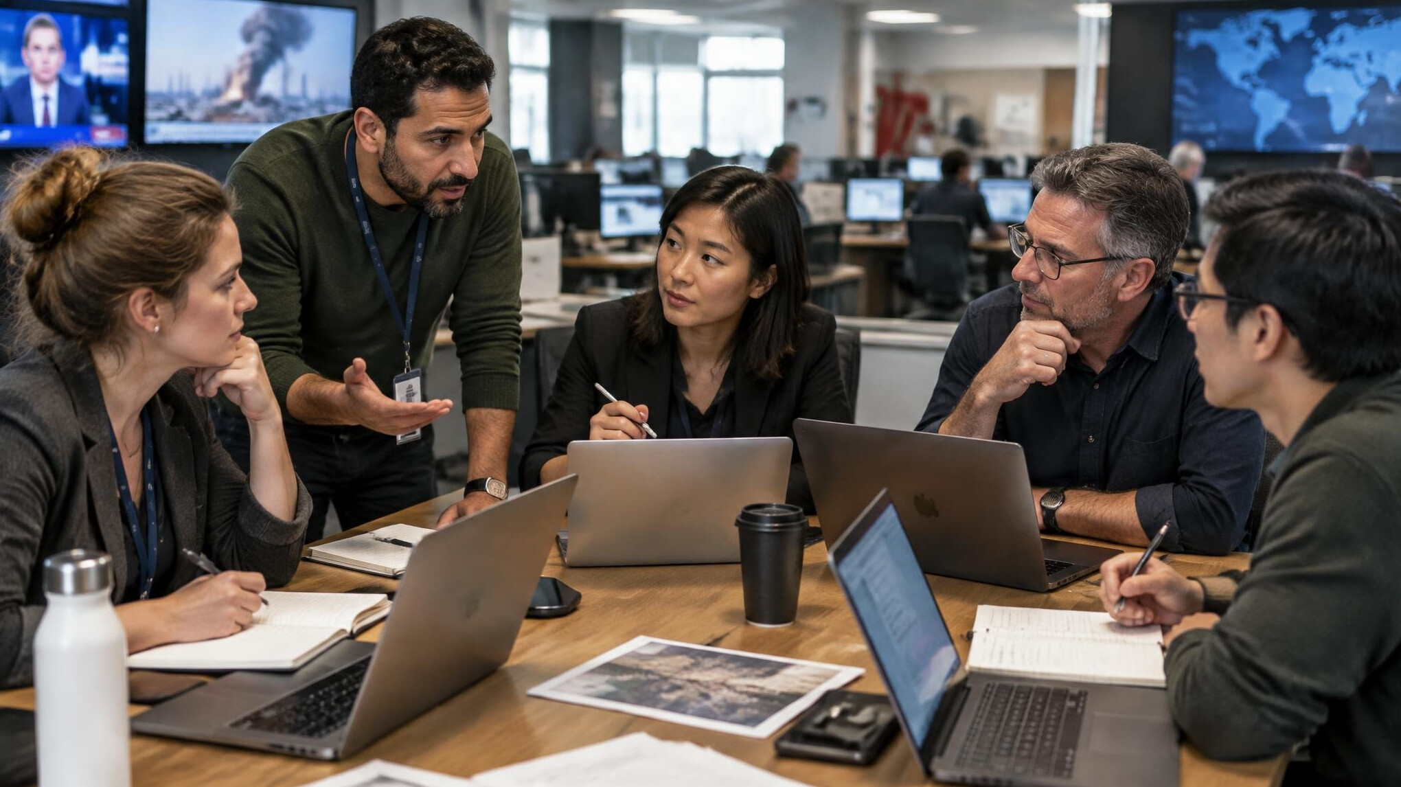 Newsroom colleagues coordinating at a shared table